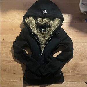 Vintage TNA Black Hooded Faux Fur Lined Zip-Up Jacket